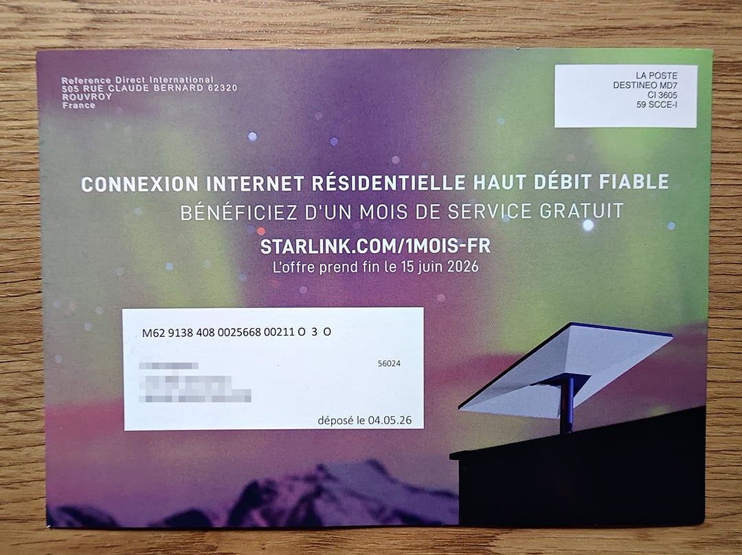 Courrier promotionnel de Starlink pour l'ouverture d'une ligne d'internet par satellite